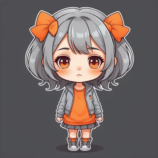 Prompt: Chibi kawaii cute cartoon illustration, orange outlines, a gilr with grey hair, saturated colors