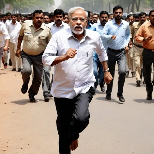 Prompt: Modi is running away in fear, the public is after him.