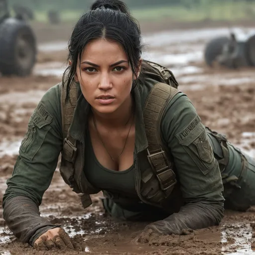 Prompt: Digital concept art, close up. Side shot.  On a muddy battlefield, a female mercenary(A young, stunningly beautiful female mercenary with a strong, well-proportioned, and powerful physique(dressed in a dark green crop top paired with deep green jeans and a pair of military boots.)) is crawling forward. While avoiding a hail of bullets in the midst of intense combat. Cautious face, full alert, depressing ambience, cloudy skies, intricate details, detailed face, detailed armor, delicate hair, detailed eyes, contrast shadow, dramatic lighting, hi res, UHD, 8K, 85mm lens, Sony A7R, bokeh. Warm lighting,  cinematic style

