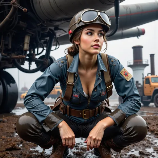 Prompt: A portrait of a female engineer working very hard in the rain,  with surreal heavy mists, pastel lighting