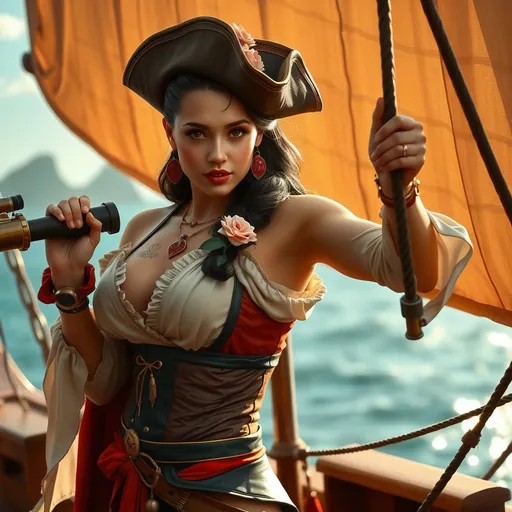 Prompt: A stunning, hyper-realistic and vividly colored depiction of a young, beautiful, and fierce Caribbean pirate queen in the 1860s. She stands confidently at the bow of a majestic pirate ship, holding a telescope as she searches for her next prey.