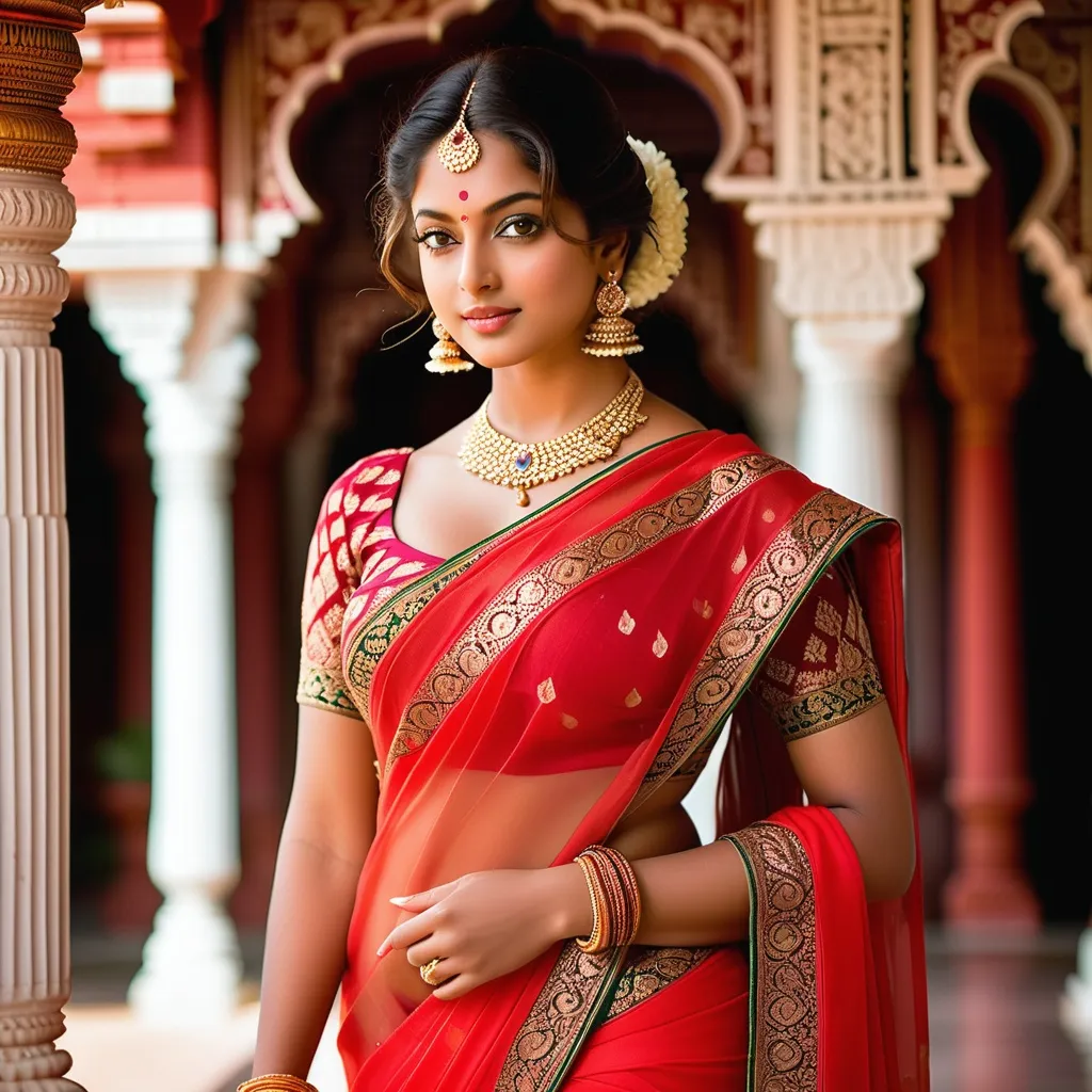 Prompt: A fashionable young woman, elegantly dressed in a stunning emerald green saree, poses playfully in front of the majestic Meenakshi Amman Temple.