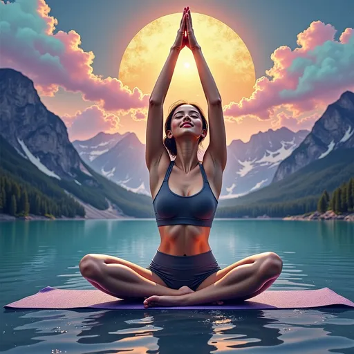 Prompt: (3d, etched, stamped embossed, fill agree, a lovely limber athletic  lady stretching to sky doing yoga on the surface of a beautiful lake , Wearing dark gray professional sportswear with dark gray high-waisted pressure shorts engrossed in energy clearing), Gold and multi color minimalist aesthetic, serene expression, ethereal light surrounding her, vibrant abstract dark  background, a blend of soothing colors like aqua and lavender, tranquil atmosphere, peaceful vibes, ultra-detailed, high quality. (highly detailed, ultra-detailed, 4K resolution


