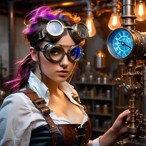 Prompt: A young, beautiful, and mad female chemist conducting a wild experiment in a steampunk laboratory. The scene is filled with intricate brass machinery, gears, steam pipes, and glowing vials of colorful chemicals. 

