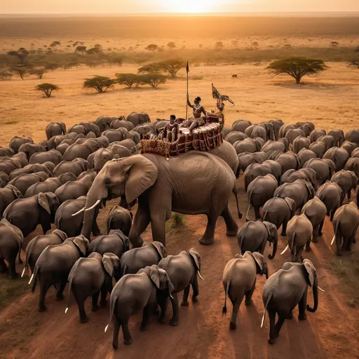 Prompt: (aerial view )On the vast African savanna at sunset, a majestic elephant king leads a massive herd of elephants, big and small, galloping across the plains. Riding atop the elephant king is a young, stunning beautiful, and muscular female warrior with a strong chest(intricately detailed ). She is dressed in a tribal, form-fitting leather battle dress, holding a spear in her hand. Her eyes are sharp and full of determination, exuding heroic spirit. The breathtaking scene is as awe-inspiring as a thousand galloping warhorses. Close up view 
fine detailed drawing, professional photo, HDR, UltraHD, a lot of details, pixel study, 3D, detail, photorealism, majestic, stunning, elegant, brillant, sumptuous, magnificent, Olympian, effulgent, refulgent, fantasy, lovely, epic, fairy, long hair, warrior, mystic, 
