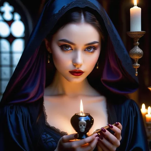 Prompt: A gothic strong muscular alchemist, shrouded in flowing black robes, stands amidst a candlelit laboratory filled with ancient tomes, occult sigils, and shadowy glass vials
