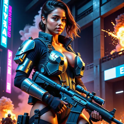 Prompt: A futuristic female secret agent walks out confidently from the enemy headquarters after completing her mission. She wears high-tech special forces gear, with advanced armor and tactical equipment. Resting on her shoulder is an enormous heavy machine gun, emphasizing her power and dominance. Behind her, the massive headquarters building explodes into a fiery ruin, with smoke and debris filling the air. The scene is set in a dark cyberpunk world, illuminated by neon lights reflecting off the chaos. Sparks, fire, and destruction create a dramatic, cinematic atmosphere, highlighting her as a fearless and unstoppable operative