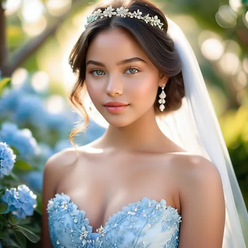 Prompt: A close-up portrait of a wedding photo for a stunning noble African woman in a dreamy garden
