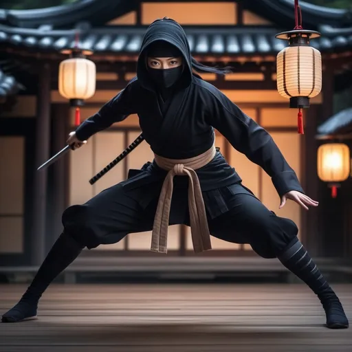 Prompt: (A close-up full body image )A young and beautiful female ninja with a slender and toned physique, dressed in a sleek black ninja outfit, is seen under the cover of a dark night during Japan’s feudal era. She is skillfully leaping across the rooftops of a noble’s traditional Kyoto estate, surrounded by intricate wooden architecture. The scene is stealthy and atmospheric, with a light breeze rustling through the trees and the faint glow of lanterns casting shadows. The ninja is mid-motion, exuding grace and precision as she executes her secret mission.
Hyper dynamic movement effects, mysterious cinematic style 
splash art, hyper detailed, ultra realistic, highly detailed, surreal heavy mist, Perfect studio lighting, perfect shading, impeccable contrast, HDR, UHD, high res, 64k