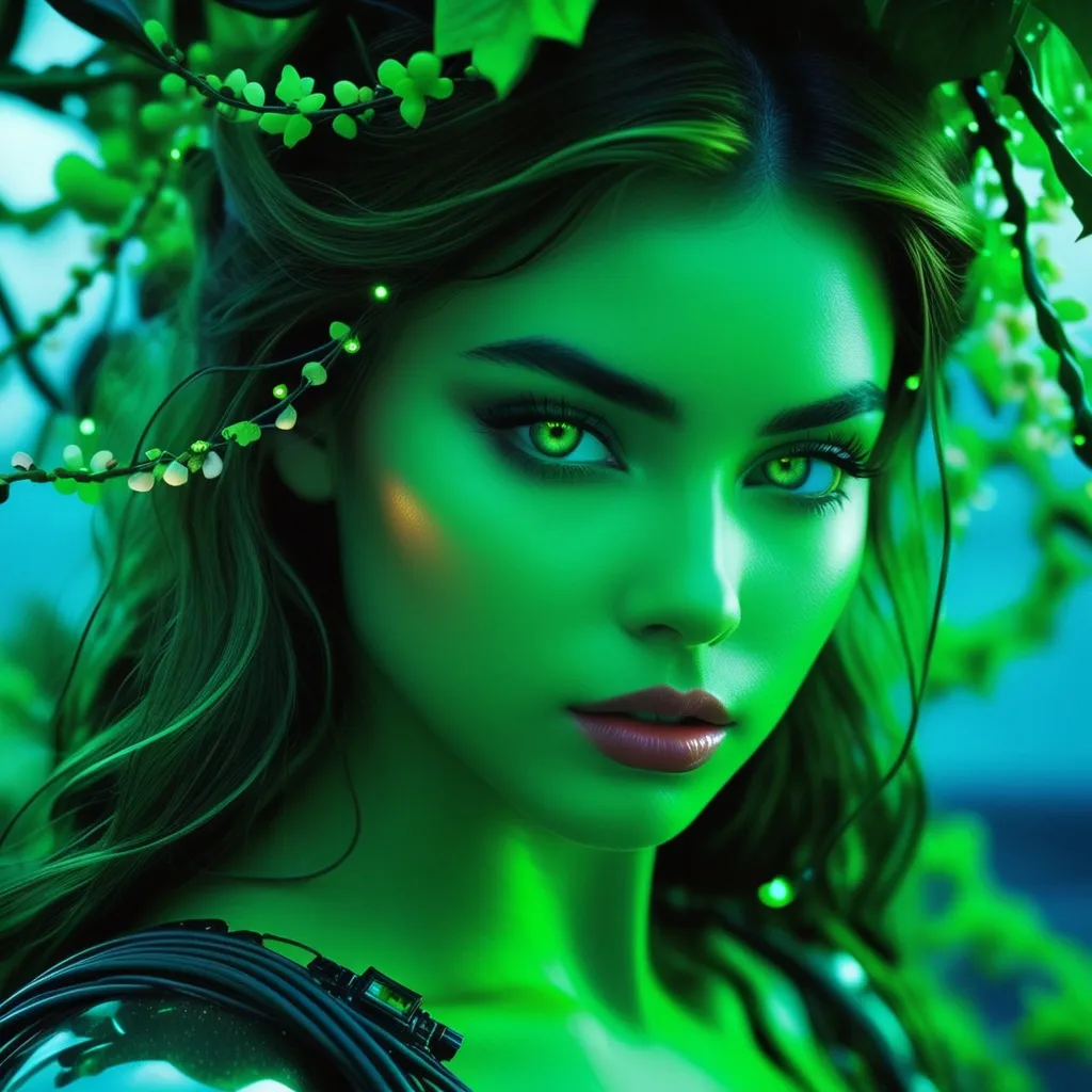 Prompt: A Poison Ivy-like character stands in a commanding pose, her long, flowing hair merging with the vines as they crush and entangle the metallic structures