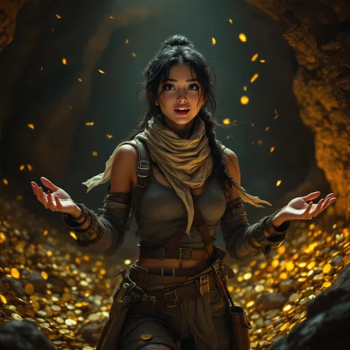 Prompt: A beautiful and athletic young East Asian female adventurer stands in a dimly lit underground vault, her eyes wide with excitement and amazement. Her hands are outstretched, trembling slightly as she gazes at the vast treasure before her—mountains of gold coins, gleaming gemstones, and rare ancient artifacts. The flickering torchlight casts a warm golden glow on her face, highlighting her exhilaration. She wears a rugged yet stylish adventurer’s outfit, fitted with leather straps, utility pouches, and a scarf billowing slightly from the underground breeze. Her confident yet ecstatic expression captures the moment of discovery, making her look like she just unearthed the find of a lifetime. The atmosphere is mysterious and breathtaking, filled with the aura of long-lost riches.