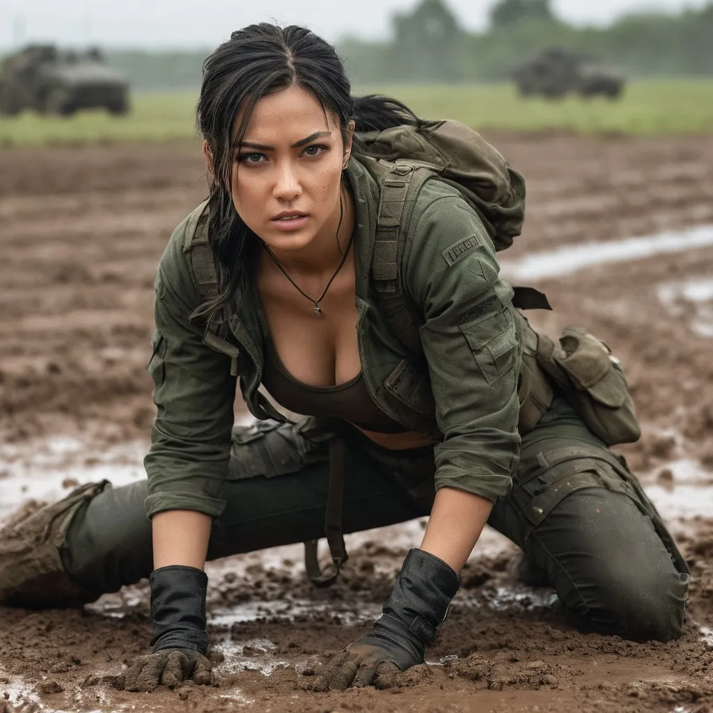 Prompt: Digital concept art, close up. Side shot.  On a muddy battlefield, a female mercenary(A young, stunningly beautiful female mercenary with a strong, well-proportioned, and powerful physique(dressed in a dark green crop top paired with deep green jeans and a pair of military boots.)) is crawling forward. While avoiding a hail of bullets in the midst of intense combat. Cautious face, full alert, depressing ambience, cloudy skies, intricate details, detailed face, detailed armor, delicate hair, detailed eyes, contrast shadow, dramatic lighting, hi res, UHD, 8K, 85mm lens, Sony A7R, bokeh. Warm lighting,  cinematic style

