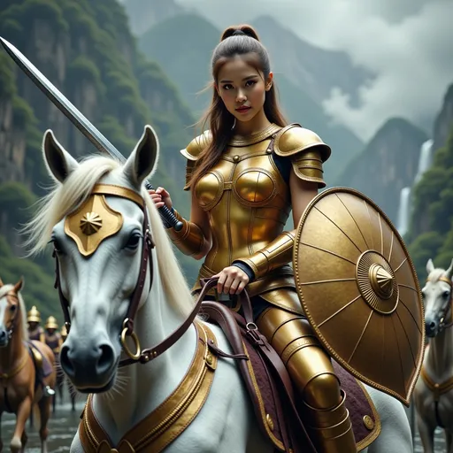 Prompt: Digital concept art, close up shot. A muscular strong woman (badass medieval knight), (wearing golden armor), gripping sword in right hand, and a golden shield in left hand, rode a white horse inlaid with golden saddles and  dolmen protective equipment, fierce expression, dramatic pose, intricate armor details, dark and moody color palette, cinematic lighting, highly detailed, stormy background, strong and powerful presence, evokes a sense of bravery and strength, captivating and intense atmosphere, ultra-detailed, UHD 8K resolution, ready for battle. full body view
