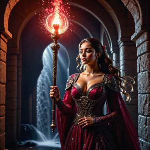 Prompt: A beautiful sorceress from ancient times stands in the dimly lit dungeon of a grand castle, wielding a sacred ruby-encrusted staff. Ethereal wisps of magical energy swirl around her as she chants an incantation, her eyes glowing with an otherworldly light. Before her, a monstrous beast snarls in defiance, its massive shadow looming against the stone walls. The atmosphere is filled with a sense of mystery and enchantment, as shimmering arcane symbols illuminate the air, marking the climax of an intense battle between magic and beast.
