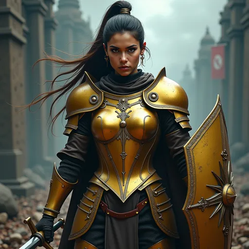 Prompt: Digital concept art, close up shot. A muscular strong woman (badass medieval knight), (wearing golden armor), gripping sword in right hand, and a golden shield in left hand, fierce expression, dramatic pose, intricate armor details, dark and moody color palette, cinematic lighting, highly detailed, stormy background, strong and powerful presence, evokes a sense of bravery and strength, captivating and intense atmosphere, ultra-detailed, UHD 8K resolution, ready for battle. full body view
