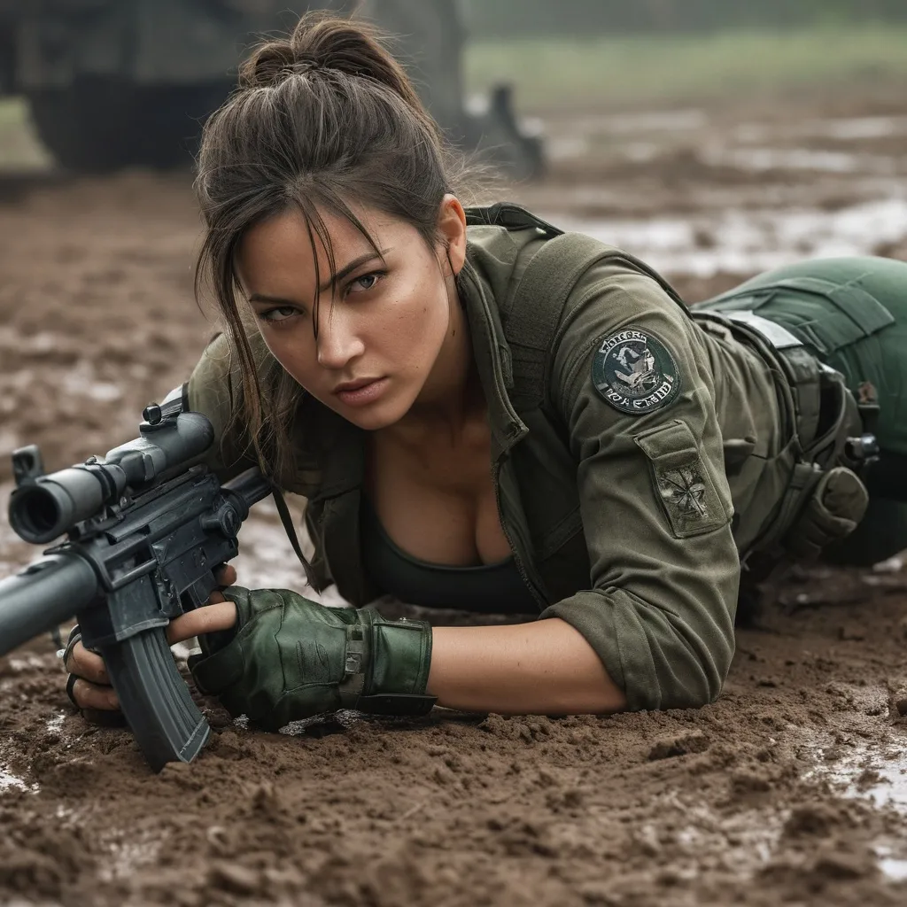 Prompt: Digital concept art, close-up side shot. A young, stunning female mercenary with a strong and well-proportioned physique (dressed in a dark green crop top paired with deep green jeans and a pair of military boots.))is crawling forward on the ground in a prone position, holding a machine gun tightly. She moves cautiously under fire on a muddy battlefield, her face showing determination and focus. The environment is dark and chaotic, with cloudy skies and a depressing atmosphere. Dramatic lighting highlights the intricate details of her outfit, delicate hair, and sharp eyes. The scene is cinematic, with high contrast shadows, warm lighting, and a realistic, high-resolution finish