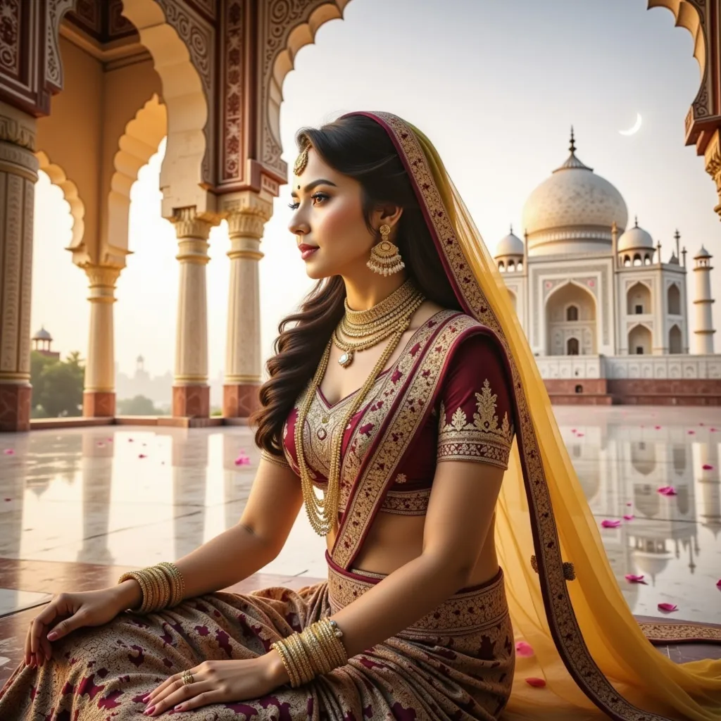 Prompt: A breathtakingly beautiful Indian princess from ancient times, standing gracefully in the majestic palace of the Taj Mahal. She wears an opulent, traditional Mughal-era royal outfit, intricately embroidered with gold and encrusted with precious gemstones. Her flowing silk dupatta shimmers under the soft moonlight, casting a mystical glow. Delicate henna patterns adorn her hands, and exquisite jewelry—bejewelled maang tikka, heavy gold necklaces, and shimmering bangles—enhance her regal elegance.

The palace is bathed in a dreamy, ethereal light, with the marble reflecting hues of silver, gold, and soft pastels. Floating flower petals drift through the air, carried by a gentle, unseen breeze. The atmosphere is infused with an enchanting, fairytale-like glow, as if the scene exists between dreams and reality. Wisps of golden mist swirl around her feet, and the sky above is illuminated by a crescent moon and twinkling stars. In the background, the silhouette of the Taj Mahal stands majestically, its domes glowing under the celestial light. The entire scene radiates an aura of romance, mystery, and divine elegance, as if touched by the gods themselves.