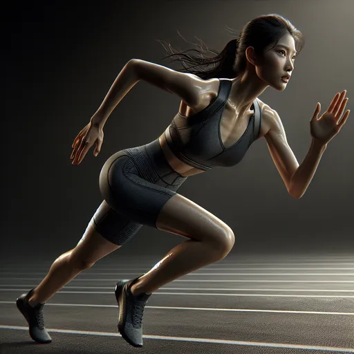 Prompt: ((Full-body side view, ultra-detailed) A young peerless Chinese beauty with an athletic figure.  Wearing professional dark gray V-neck sportswear with dark gray high-waisted pressure shorts, Sprint to the finish line with all your strength on the straight track(ultra detailed). Her eyes are focused and sharp(ultra detailed). The whole body is soaked with sweat, and the sweat splashed because of the speed of the rush(ultra detailed), her entire body drenched in sweat. The sheer speed of their sprint causes sweat to spray in all directions. the whole picture shows the combination of strength, beauty and perseverance. A sprinter on the track is dashing toward the finish line,
(ultra detailed). Classical Hollywood cinematic style, soft and warm lighting in the dark.Ultra realistic images.8k resolution, full HD
 