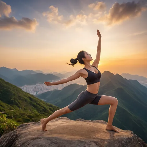 Prompt: A young, breathtakingly beautiful Taiwanese woman (ultra detailed )with a stunning figure
 Wearing professional yoga deep V-neck clothing on the top of a mountain doing yoga by stretching her body, with one leg in the sky high, the other leg standing on the ground to keep her body balanced with beautiful sunset and a Golden aperture on her backside, soft and warm lighting. Close up shot 
Full body view. Ultra-realistic, cinematic style, 4K resolution, trending on ArtStation. Ultra detailed 

