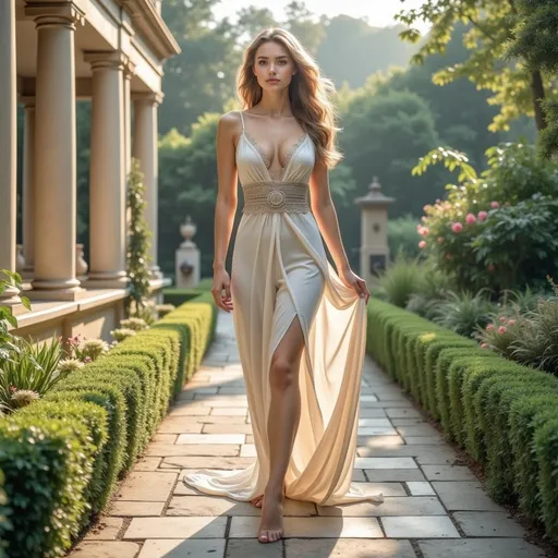 Prompt: (Hyper realistic photography art effect) (A full body image)A breathtakingly beautiful young woman, Helen of Troy,
Walking in her royal grand garden with peaceful and loving moods in the morning 