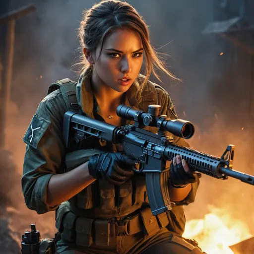 Prompt: Digital concept art. A young, stunning female mercenary with a strong and well-proportioned physique, setting up a heavy machine gun mounted on a tripod inside a battle trench. She is fiercely firing at enemies in front of her, with determination on her face. Bullet casings eject rapidly as the muzzle flashes illuminate the dark and gritty battlefield. She is dressed in a dark green crop top paired with deep green jeans and a pair of military boots. surrounded by sandbags and rough terrain. The scene features dramatic lighting, cloudy skies, and an intense, cinematic atmosphere.
