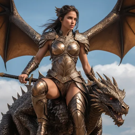 Prompt: (full body view )In the age of ancient myths, a young and beautiful female warrior, with a strong and muscular build and a powerful chest, possessed piercing eyes（ultra detailed). She wore ultra lightweight bronze-colored armor and wielded an ancient sword, sitting on the back of a dragon (the dragon has wings) flying in the sky as she battled in the skies.(ultra detailed)
fine detailed drawing, professional photo, HDR, UltraHD, a lot of details, pixel study, 3D, detail, photorealism, majestic, stunning, elegant, brillant, sumptuous, magnificent, Olympian, effulgent, refulgent, fantasy, lovely, epic, fairy, long hair, mystic, full body view, classical and warm lighting style and cinematic art 

