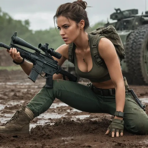 Prompt: Digital concept art, close-up side shot. A young, stunning female mercenary with a strong and well-proportioned physique (dressed in a dark green crop top paired with deep green jeans and a pair of military boots.))is crawling forward on the ground in a prone position, holding a machine gun tightly. She moves cautiously under fire on a muddy battlefield, her face showing determination and focus. The environment is dark and chaotic, with cloudy skies and a depressing atmosphere. Dramatic lighting highlights the intricate details of her outfit, delicate hair, and sharp eyes. The scene is cinematic, with high contrast shadows, warm lighting, and a realistic, high-resolution finish