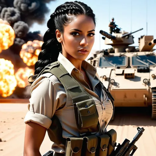Prompt: (A full body image)  A female mercenary with Fishtail Braid black hairstyle wearing a Special Forces khaki vest, khaki military pants, and combat boots. She is carrying many equipment, weapons, ammunition. and  a heavy machine gun, fiercely exchanging fire with the enemy. The scene is set in a Middle Eastern desert at dark night, backdrop are bunch of ruin tanks, vehicles with explosions lighting up the sky. Her eyes are determined and fierce, showcasing immense bravery. And she raised the machine gun and showed a focused look as if she was about to pull the trigger at any time. The image should have cinematic lighting effects and dynamic motion.
Splash Art, hyper intricate details, professional studio cinematic lighting,
hyper dynamic motion effect, high res, 8K,