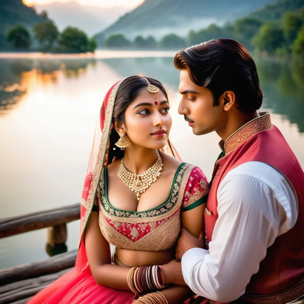 Prompt: A beautiful mountain-surrounded lake at dawn, mist covering the water. A young Indian couple, dressed in traditional Indian attire, sits on a rustic wooden bench, their heads leaning against each other, as if time has stopped in this romantic and serene moment.