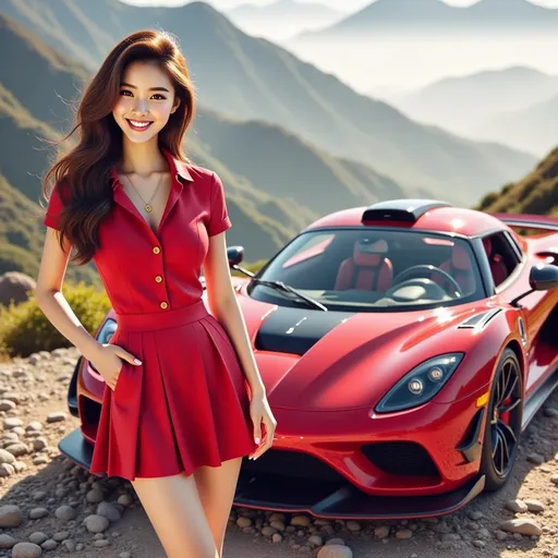 Prompt: A Lotus Evija(Candy Apple Red by Koenigsegg). Stopping along at the mountain peak of Himalayia.(intricate details) with a 20-year-old girl smiling , wearing apple red V-neck Polo Shirt paired with apple red mini Pencil Skirt. And wear a Shimmering in gold royal ruby necklace around her neck(intricate details),  stood casually, leaning softly against the car.
adorned with rich fabrics and intricate details, ambient lighting that enhances the elegance, soft golden tones, an aura of grandeur and sophistication, (highly detailed, ultra-detailed, 4K resolution). Full car view, full car shot

