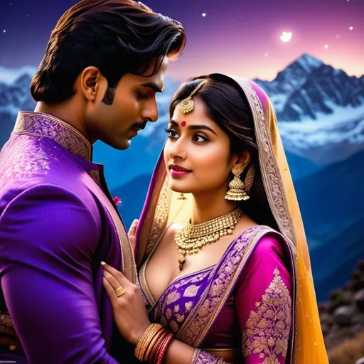 Prompt: A romantic Bollywood movie poster featuring a stunning young Indian couple under a breathtaking, starry mountain sky. The man, tall and handsome with chiseled features, wears a stylish sherwani or a modern suit, while the woman, elegantly dressed in a flowing saree or lehenga, radiates grace and beauty. They gaze into each other’s eyes with deep passion, as if entrusting their souls to one another for eternity. The background showcases a mesmerizing high-altitude landscape, with soft moonlight casting a magical glow over the misty peaks. The scene is infused with cinematic drama—wind gently lifting her dupatta, subtle golden light reflecting on their faces, and a dreamy Bollywood-style color palette with rich blues, purples, and warm golden hues. The poster design includes a dramatic movie title in stylized Hindi typography, with soft glowing effects and a touch of vintage Bollywood charm.
