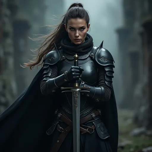 Prompt: A hot woman (badass medieval knight), (black armor), gripping sword in hand, fierce expression, dramatic pose, intricate armor details, dark and moody color palette, cinematic lighting, highly detailed, stormy background, strong and powerful presence, evokes a sense of bravery and strength, captivating and intense atmosphere, ultra-detailed, 4K resolution, ready for battle. Full body view