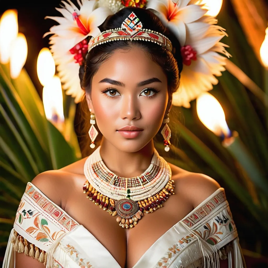 Prompt: (A wedding photo)A breathtakingly beautiful young Polynesian female chieftain on her wedding day, captured in an elegant portrait.
