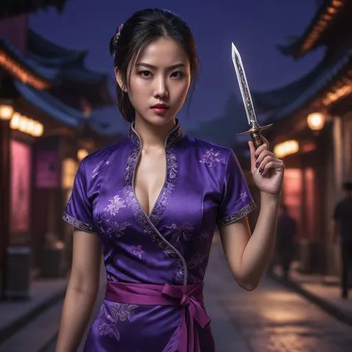 Prompt: A young, beautiful Chinese female assassin wearing a deep purple, form-fitting, low-cut qipao holds a mini dagger in her hand. On a dimly lit street late at night, her piercing eyes shine brightly as if searching for her prey.
fine detailed drawing, professional photo, HDR, UltraHD, a lot of details, pixel study, 3D, detail, photorealism, majestic, stunning, elegant, brillant, sumptuous, magnificent, effulgent, refulgent, fantasy, epic, long hair, mystic, full body view, classical and warm lighting style and cinematic art 
