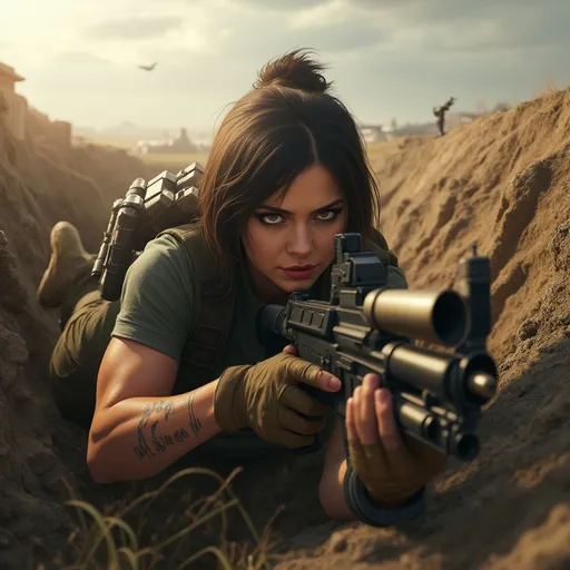 Prompt: Digital concept art, close up shot. A beautiful and burly female mercenary, dressed in a dark green short-sleeved vest and a bulletproof vest loaded with magazines and grenades, wears khaki jeans and a pair of military boots. She carries a rocket launcher on her shoulder and lies prone in a trench, aiming at the enemy with sharp, piercing eyes. Ahead of her is an open battlefield scattered with several destroyed tanks, military facilities, and vehicles.
cautious face, head facing other way, eyes looking at the battlefield , contrast shadow, sun rays, dramatic lighting, hi res, post-apocalyptic, UHD, 8K

