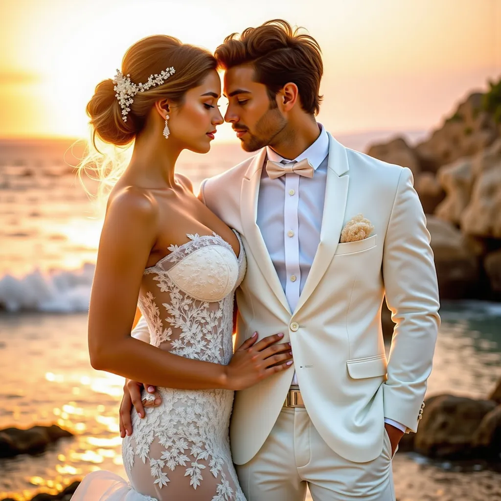 Prompt: (A full body image)A young and handsome French groom and a French bride. They are posing for their wedding photoshoot on the breathtaking French Riviera during summer, The atmosphere is luxurious, warm, and filled with the golden glow of the setting sun, enhancing the beauty of this unforgettable moment.