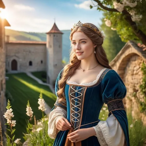 Prompt: In the medieval era, a stone-built villa with a chimney perched on the edge of a cliff, surrounded by gentle green grass and blooming flowers. In front of the house, a young girl (A 18-year-old Caucasian girl, standing at 175 cm tall, with measurements of 110 cm, 65 cm, and 95 cm with flawless porcelain skin, perfectly symmetrical facial features, enchanting almond-shaped eyes, and a radiant smile. Her figure is impeccably proportioned)wearing beautiful medieval era clothing 
stood happily singing as she admired the glow of the setting sun.
Splash art, hyper detailed, ultra realistic, highly detailed,
Perfect studio lighting, perfect shading, impeccable contrast, HDR, UHD, high res, 64k
