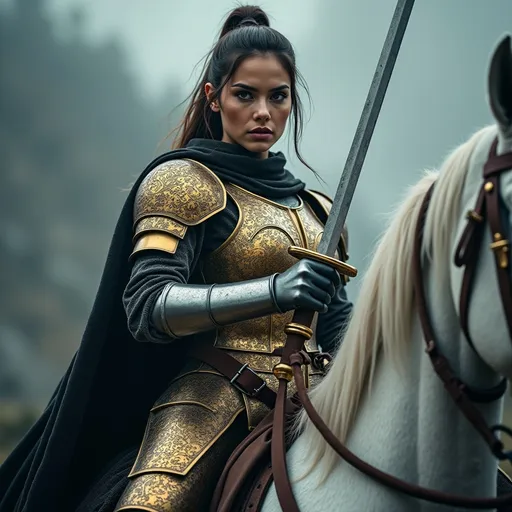 Prompt: A hot woman (badass medieval knight), (golden armor), gripping sword in hand, rode a white horse inlaid with golden saddles. fierce expression, dramatic pose, intricate armor details, dark and moody color palette, cinematic lighting, highly detailed, stormy background, strong and powerful presence, evokes a sense of bravery and strength, captivating and intense atmosphere, ultra-detailed, 4K resolution, ready for battle. Full body view