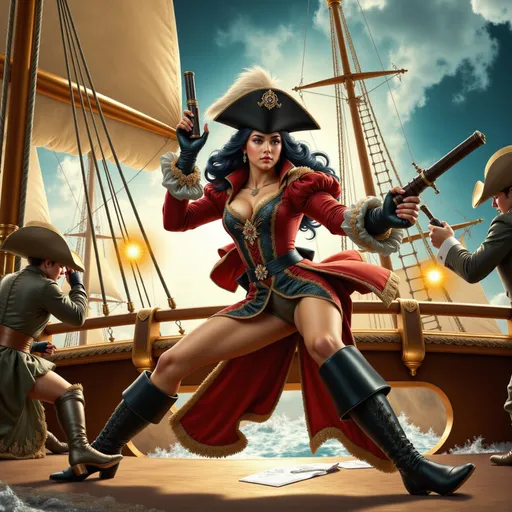 Prompt: An epic baroque-style battle scene featuring a fierce and elegant female pirate captain fighting aboard a grand wooden sailing ship. She wears an elaborate, dark red and gold embroidered coat, a white ruffled blouse, and high leather boots. A tricorn hat with a large feather rests atop her flowing, wavy dark hair.