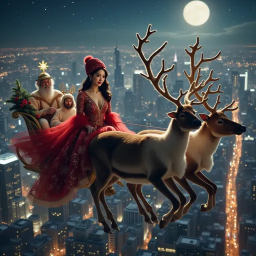 Prompt: This young, beautiful girl with a graceful and curvaceous figure is dressed in a V-neck Christmas outfit with a hat (intricate details), sitting in a reindeer(4 reindeers)-drawn sleigh soaring through the sky above a cityscape filled with towering skyscrapers in the night with city lights and stars blinking . The entire scene conveys a fairytale-like myth intertwined with the real world. Fantasy ethereal world style,Mystical and fairy tales style.
fine detailed drawing, HDR, UltraHD, a lot of details, pixel study, 3D, detail, majestic, stunning, elegant, brillant, sumptuous, magnificent, effulgent, refulgent,
, lovely, epic, long hair, mystic, full body view, classical and warm lighting style and cinematic art,

