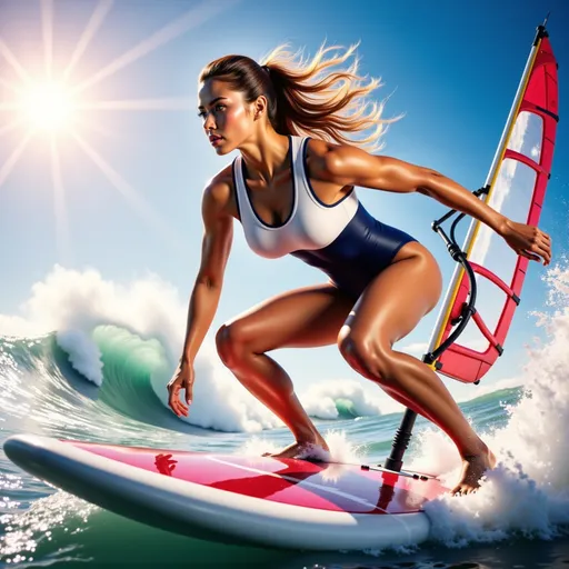 Prompt: A young and beautiful female athlete with a toned, athletic physique rides a windsurfing board on massive ocean waves. She is wearing a navy professional, flexible water sports suit that clings perfectly to her form. The scene captures her dynamic movement as she balances skillfully on the board, her determined expression and flowing hair emphasizing her strength and focus. The background features dramatic, towering waves with sunlight reflecting off the water, creating a powerful and energetic atmosphere.
Splash art, hyper detailed, ultra realistic, highly detailed. Perfect studio lighting, perfect shading, impeccable contrast dreamy, surreal, fantasy, HDR, UHD, high res, 64k