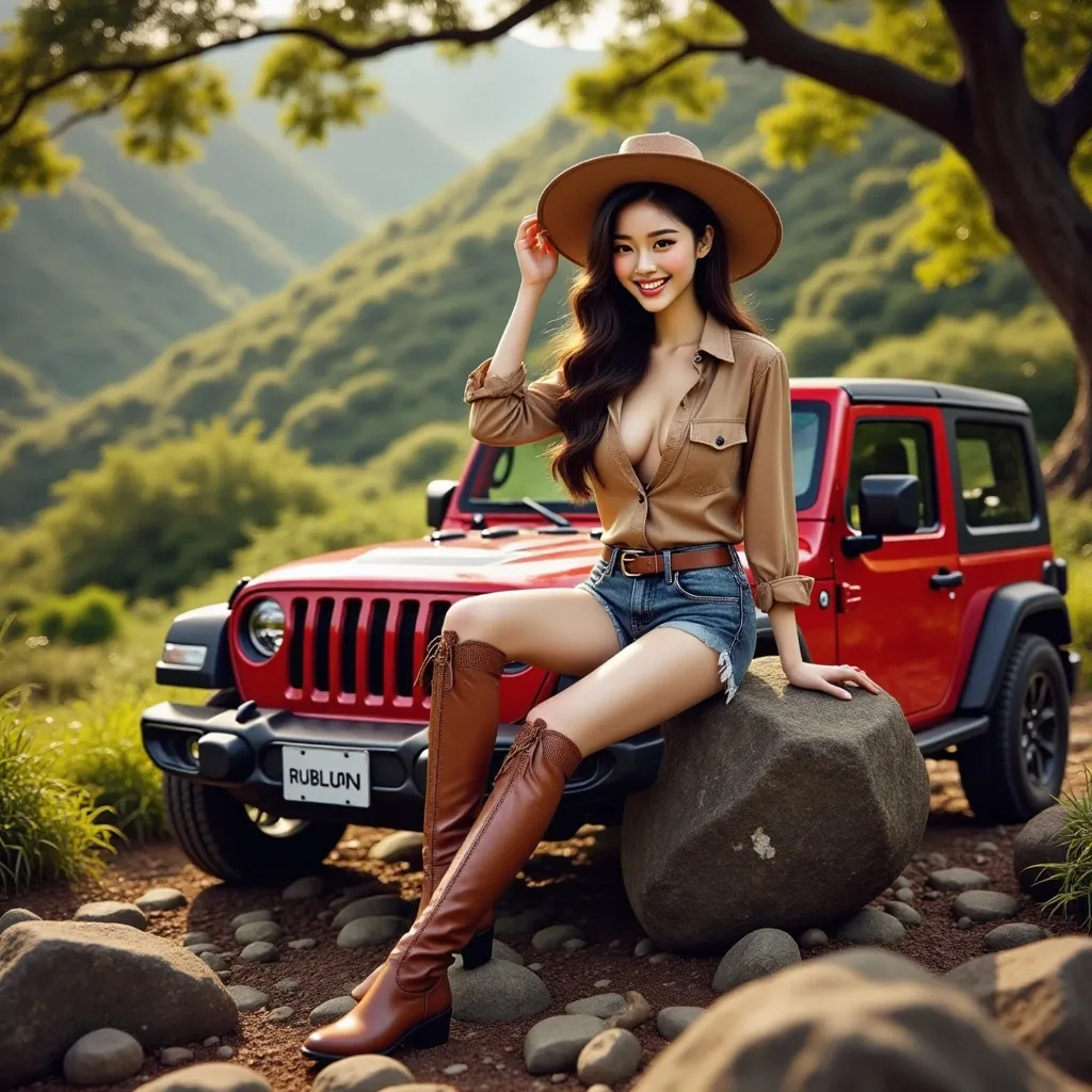 Prompt: A girl wearing a V-neck khaki denim shirt paired with denim shorts and over-the-knee tall riding boots in the deep jungle(intricate details ) 
With a Jeep Wrangler Rubicon stopped aside
adorned with rich fabrics and intricate details, ambient lighting that enhances the elegance, soft golden tones, an aura of grandeur and sophistication, (highly detailed, ultra-detailed, 4K resolution). Full car view, full car shot
Full body view

