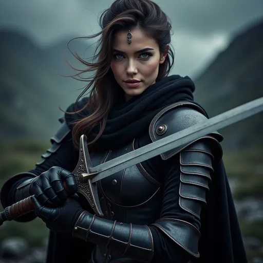 Prompt: A hot woman (badass medieval knight), (black armor), gripping sword in hand, fierce expression, dramatic pose, intricate armor details, dark and moody color palette, cinematic lighting, highly detailed, stormy background, strong and powerful presence, evokes a sense of bravery and strength, captivating and intense atmosphere, ultra-detailed, 4K resolution, ready for battle.