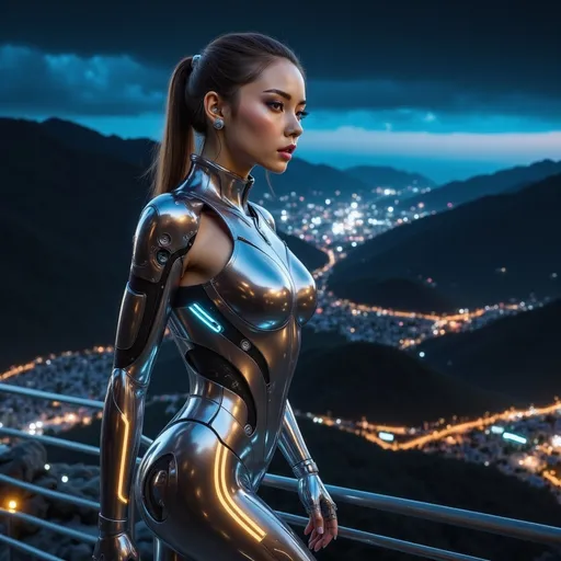 Prompt: (Hyper realistic photo)Except for a few ultra-thin colorful metal pipes on the right side of the face, a cyborg looks like a young, beautiful and graceful woman, standing  on a high mountain in the dark night full of cyberpunk.

