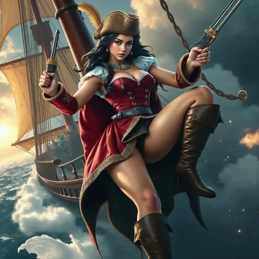 Prompt: An epic baroque-style battle scene featuring a fierce and elegant female pirate captain fighting aboard a grand wooden sailing ship. She wears an elaborate, dark red and gold embroidered coat, a white ruffled blouse, and high leather boots. A tricorn hat with a large feather rests atop her flowing, wavy dark hair.