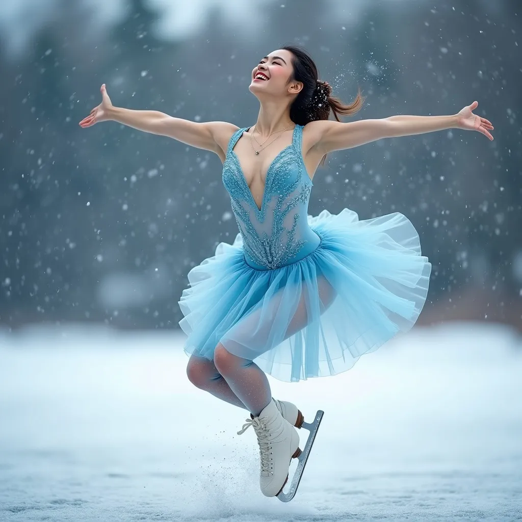 Prompt: （Full body image)A young and beautiful female figure skater(gorgeously detailed facial features), dressed in professional light blue attire, performing a double spin jump on a frozen lake. Her face radiates joy and satisfaction, as if she is very pleased with her performance.

splash art, hyper detailed, ultra realistic, highly detailed, surreal heavy mist,
 
Perfect studio lighting, perfect shading, impeccable contrast, HDR, UHD, high res, 64k  
