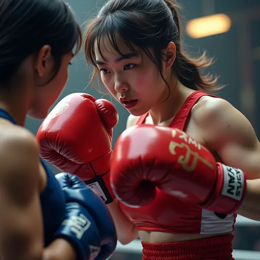 Prompt: 
A strong and muscular powerful female boxer(As AI defined exquisitely beautiful, 18-year-old Chinese woman ( gorgeously detailed facial features, perfect body proportions, ultra glamorous) in a red boxing outfit throws a fierce right uppercut, but her opponent in navy blue skillfully dodges with short hair , taking the match to another climax
Splash art, hyper detailed, ultra realistic, highly detailed, surreal heavy mist,

Perfect studio lighting, perfect shading, impeccable contrast, HDR, UHD, high res, 64k 

