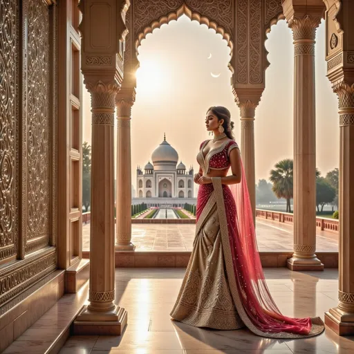 Prompt: A breathtakingly beautiful Indian princess from ancient times, standing gracefully in the majestic palace of the Taj Mahal. She wears an opulent, traditional Mughal-era royal outfit, intricately embroidered with gold and encrusted with precious gemstones. Her flowing silk dupatta shimmers under the soft moonlight, casting a mystical glow. Delicate henna patterns adorn her hands, and exquisite jewelry—bejewelled maang tikka, heavy gold necklaces, and shimmering bangles—enhance her regal elegance.

The palace is bathed in a dreamy, ethereal light, with the marble reflecting hues of silver, gold, and soft pastels. Floating flower petals drift through the air, carried by a gentle, unseen breeze. The atmosphere is infused with an enchanting, fairytale-like glow, as if the scene exists between dreams and reality. Wisps of golden mist swirl around her feet, and the sky above is illuminated by a crescent moon and twinkling stars. In the background, the silhouette of the Taj Mahal stands majestically, its domes glowing under the celestial light. The entire scene radiates an aura of romance, mystery, and divine elegance, as if touched by the gods themselves.