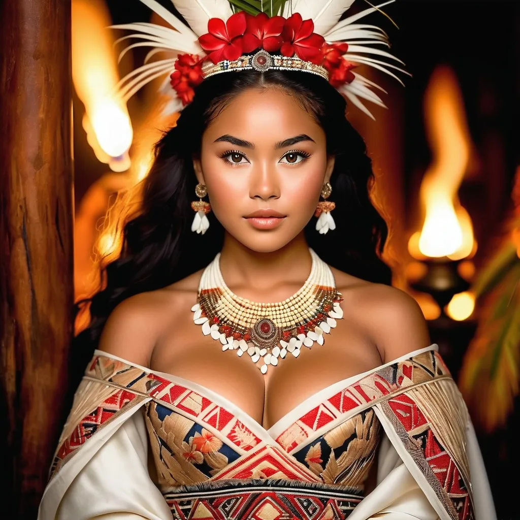 Prompt: (A wedding photo)A breathtakingly beautiful young Polynesian female chieftain on her wedding day, captured in an elegant portrait.