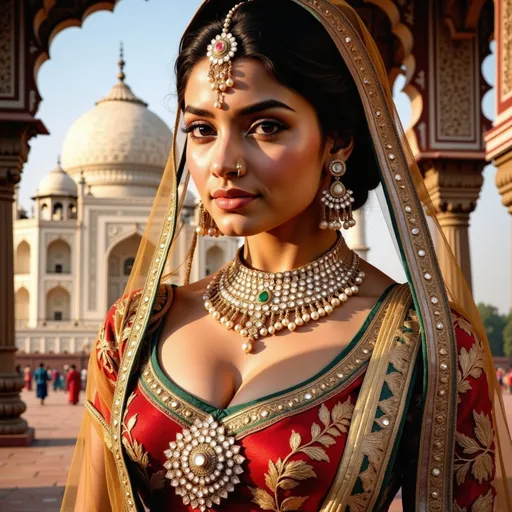 Prompt: In 1670's a beautiful Indian queen standing majestically in front of the Taj Mahal, wearing an opulent and elaborate traditional Indian royal dress adorned with intricate gold embroidery and sparkling jewels. She exudes grace and power, with a serene yet commanding expression that captures the admiration of the gathered crowd. The scene is composed with expert artistry, featuring dramatic lighting that highlights the rich textures of her attire and the architectural beauty of the Taj Mahal. The composition should feel like a professional artistic photograph, with meticulous attention to details in posture, facial expression, and the interplay of light and shadow, creating an atmosphere of regal elegance and reverence.